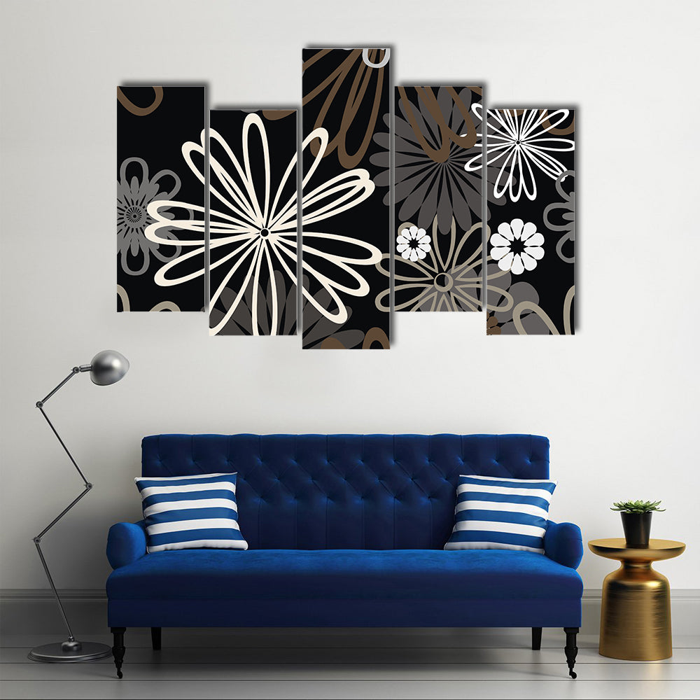 Retro Abstract Floral in Black and White Canvas Wall Art