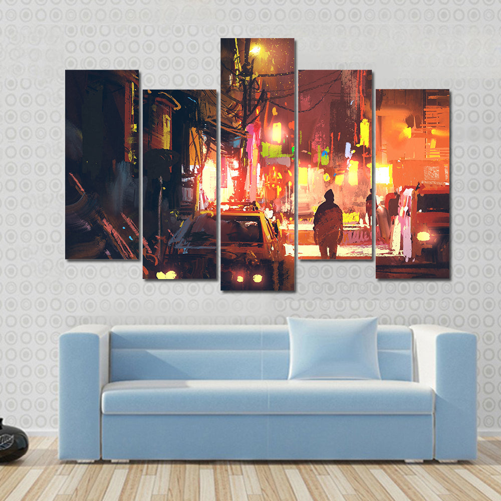 Rain-soaked Old Street in Futuristic City Canvas Wall Art