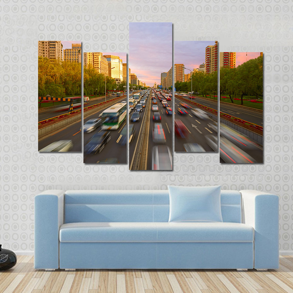 Traffic Crowd In Beijing Canvas Wall Art