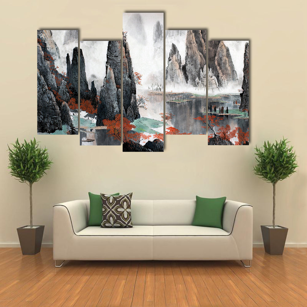 Misty Chinese Mountains with Red Autumn Trees Canvas Wall Art