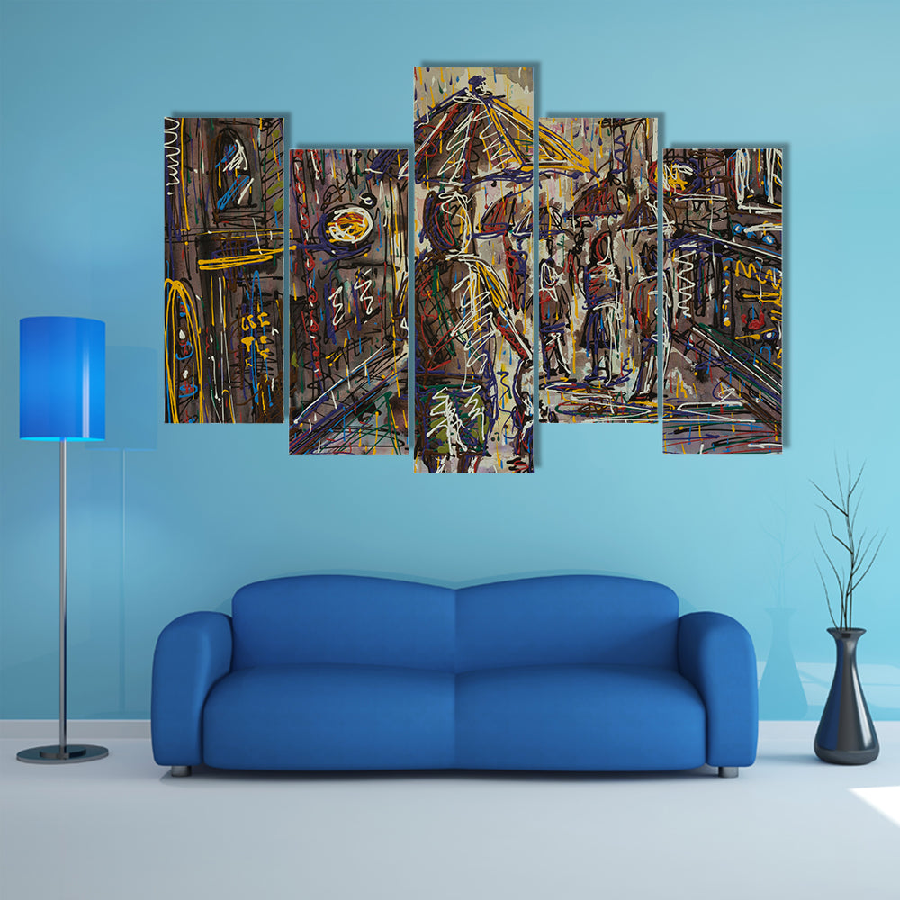 Rainy City Street with Umbrella Canvas Wall Art