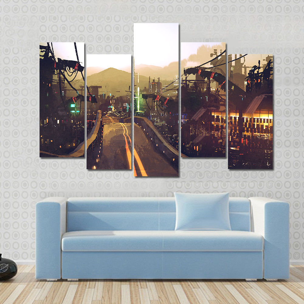 Futuristic Highway at Dusk Canvas Wall Art