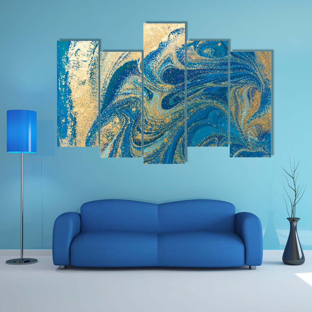 Hand Drawn Blue and Gold Marbling Canvas Wall Art