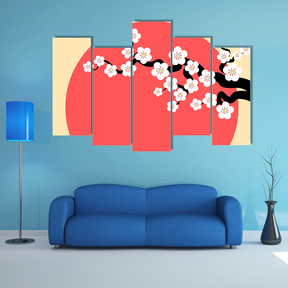 Minimalist Cherry Blossom with Red Sun Canvas Wall Art