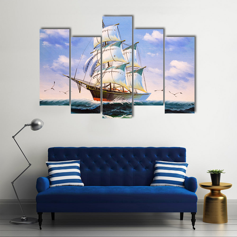Three-masted Sailing Ship at Sea Canvas Wall Art