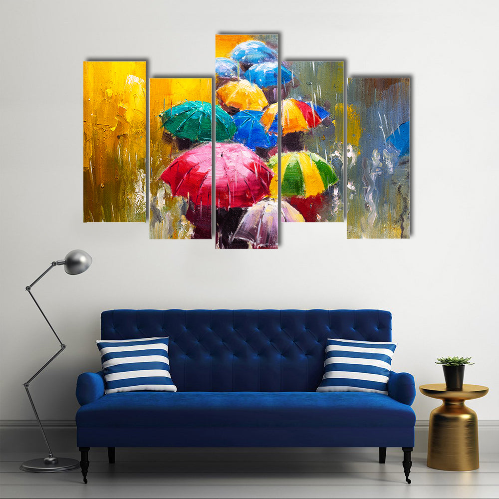 Rainy Street with Colorful Umbrellas Canvas Wall Art