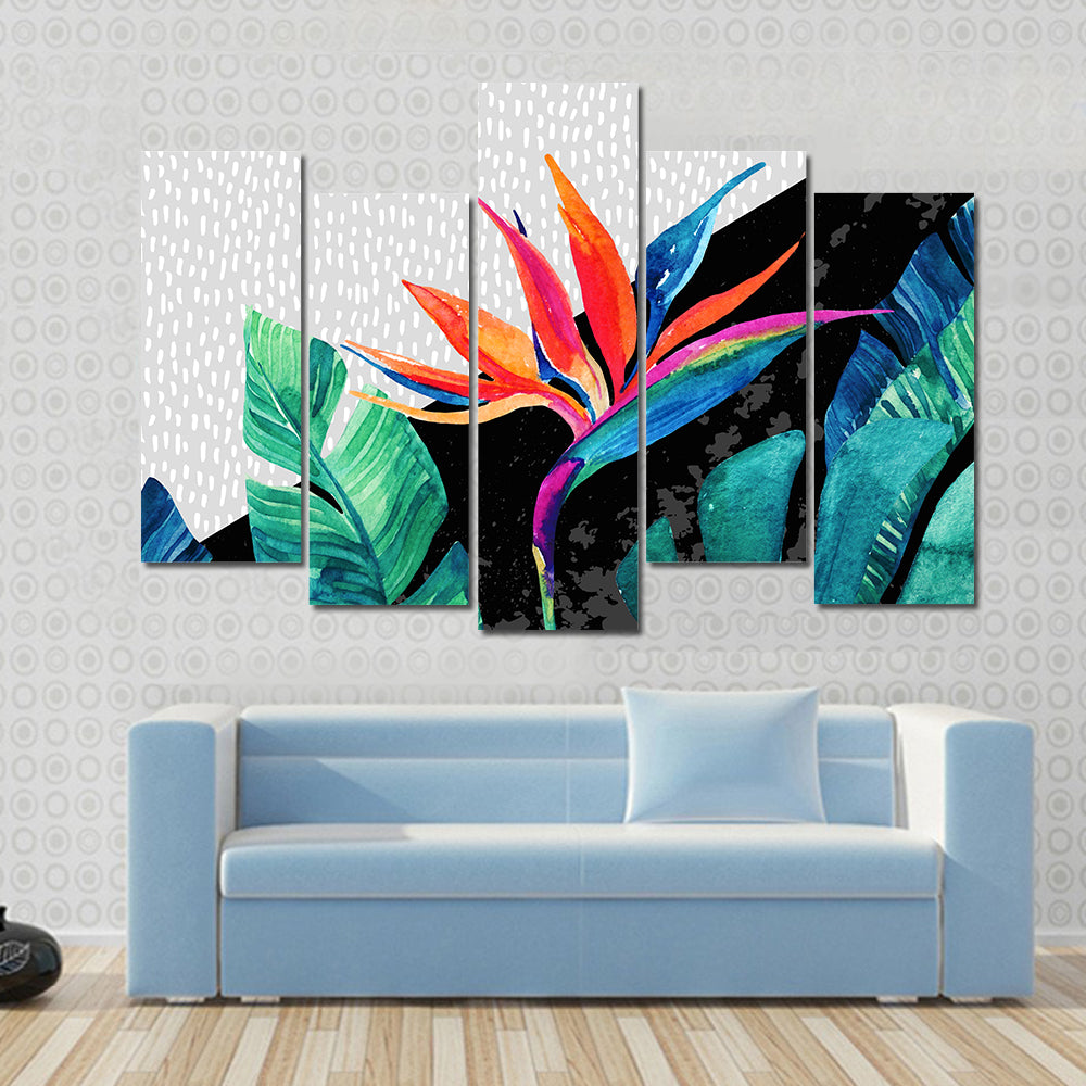 Tropical Minimalist Bird of Paradise and Monstera Canvas Wall Art