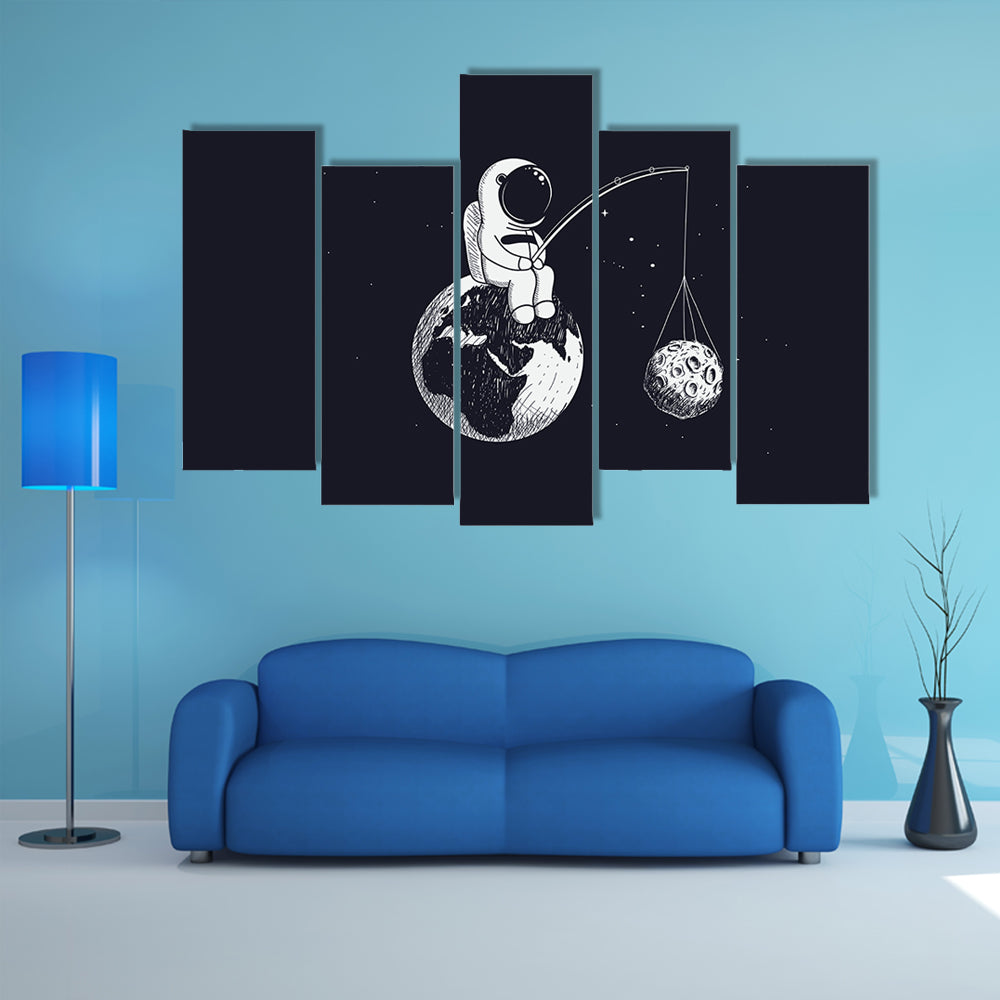 Little Astronaut Sitting on Earth Canvas Wall Art