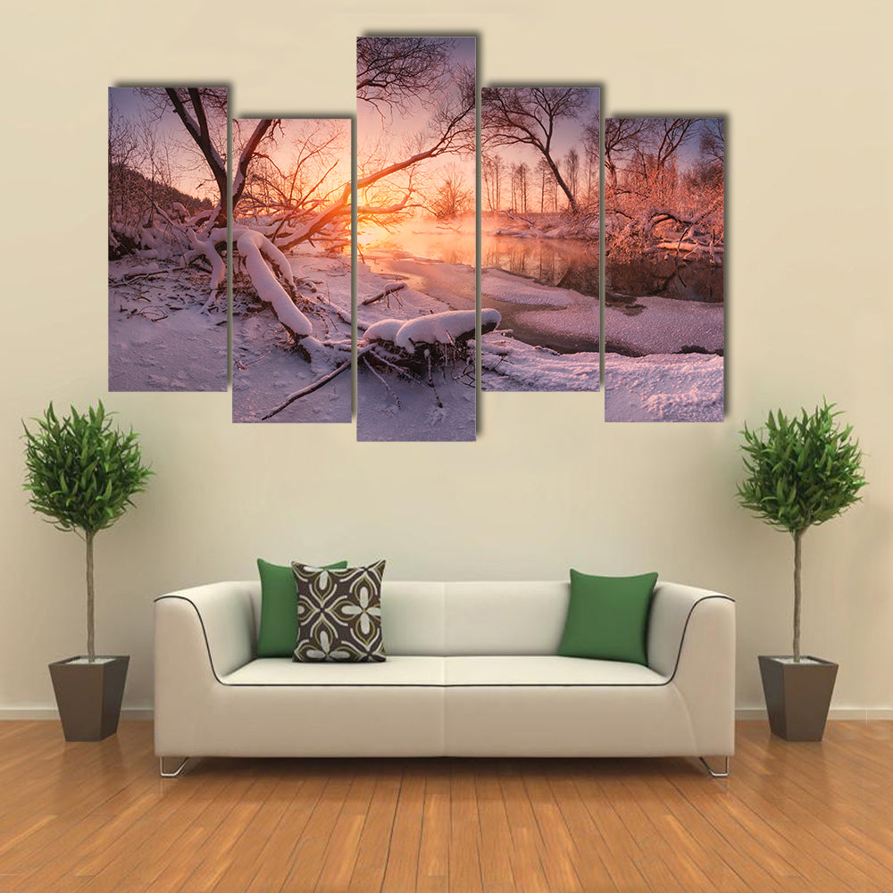 Frozen River At Sunset Canvas Wall Art