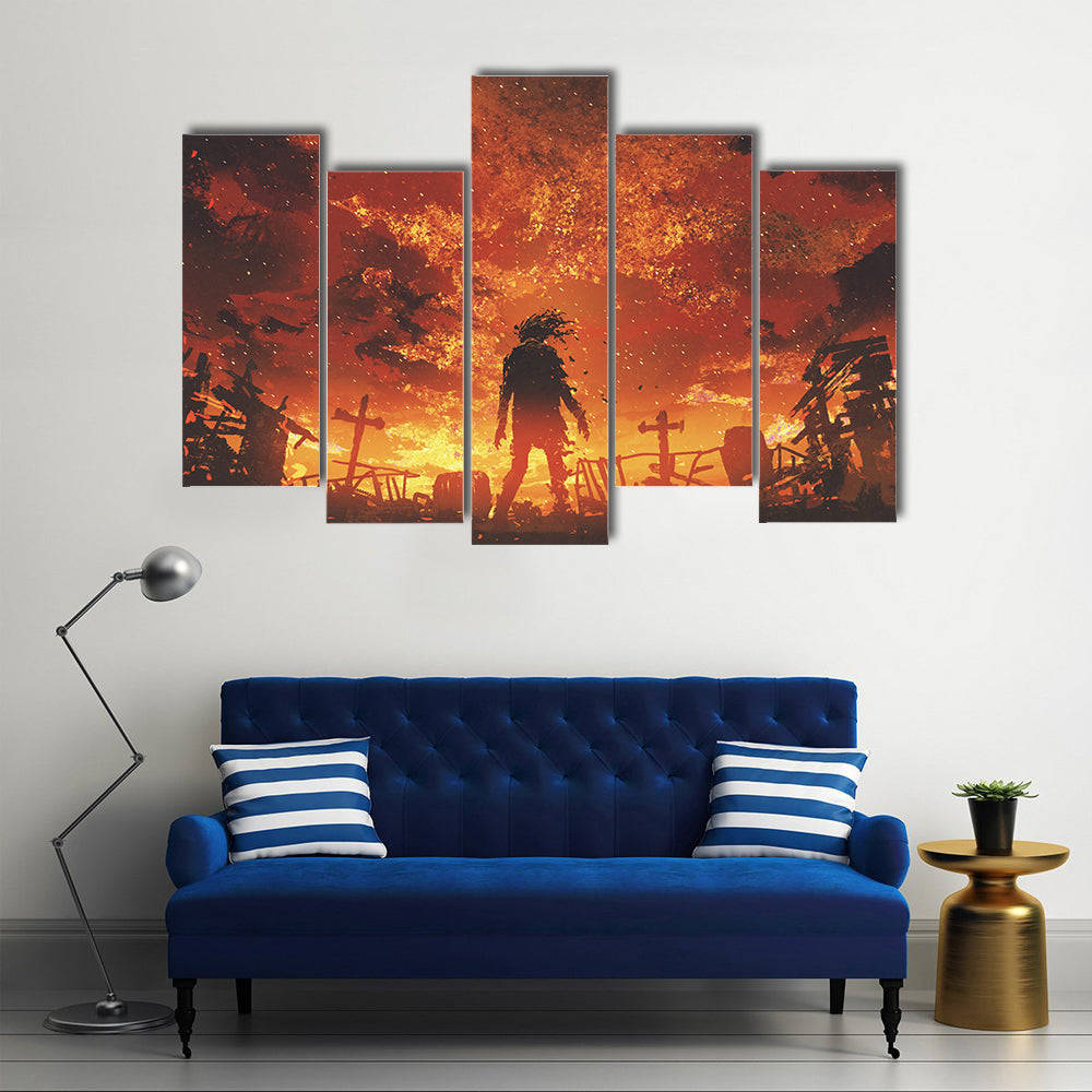 Zombie Silhouette in Burnt Cemetery Canvas Wall Art