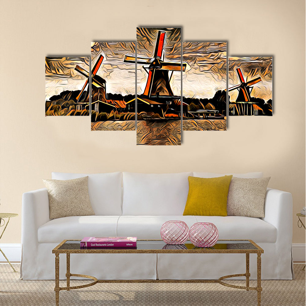 Three Vintage Windmills at Sunset Canvas Wall Art