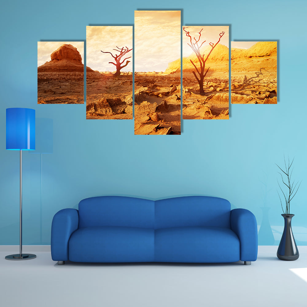 Sunset Over Dry Desert Canvas Wall Art