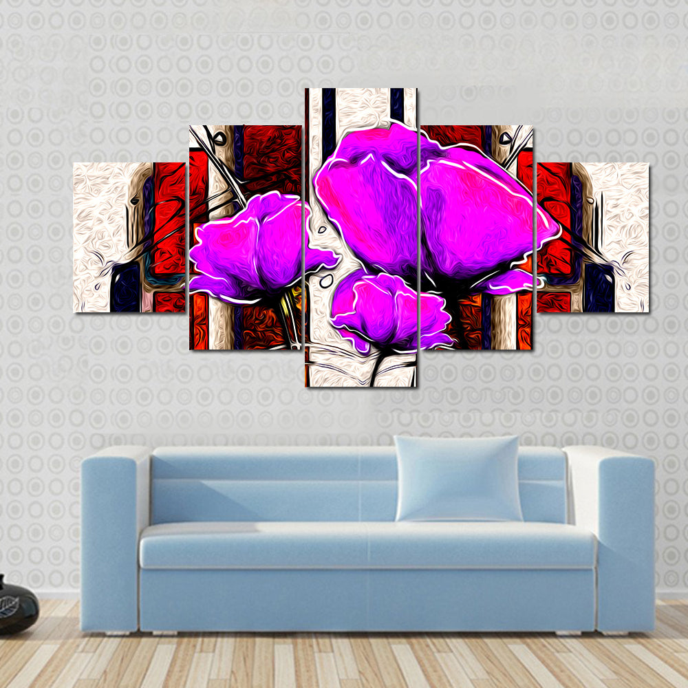 Oil Painted Purple Poppies with Geometric Background Canvas Wall Art