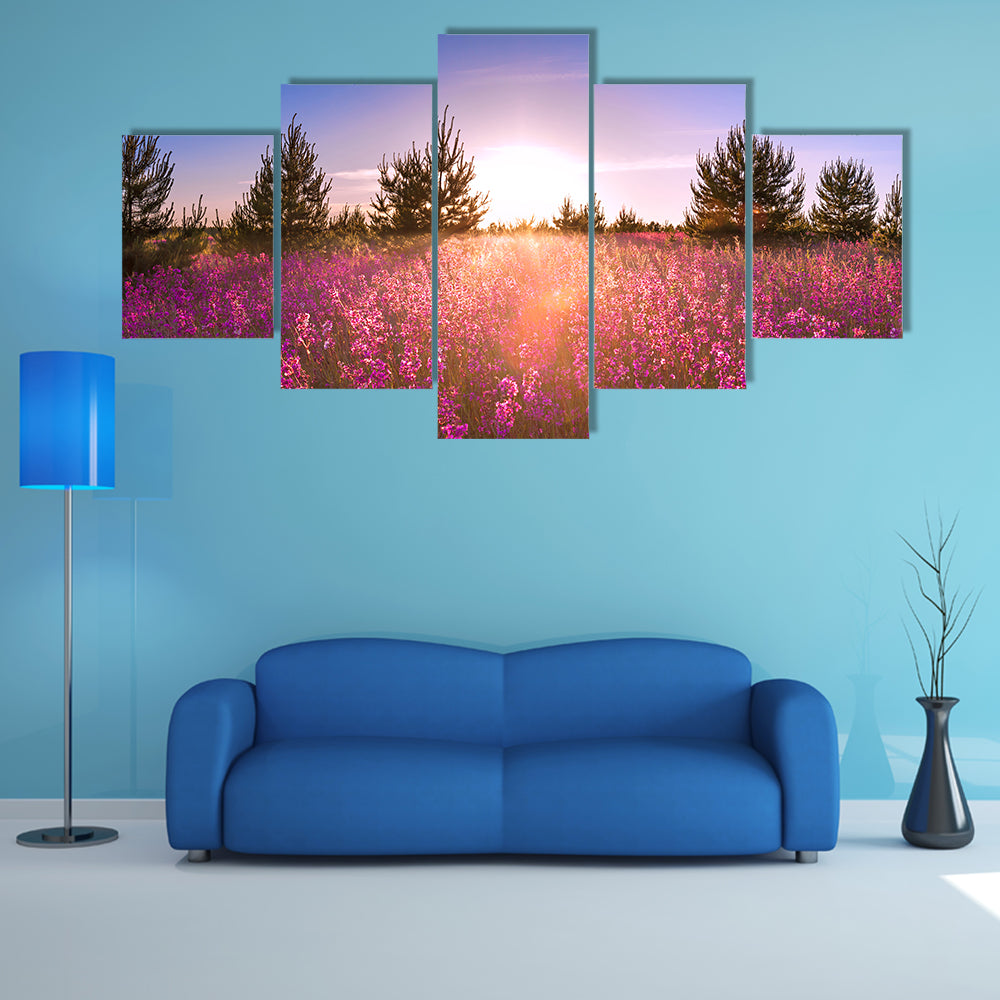 Blossoming Meadow at Sunrise Canvas Wall Art