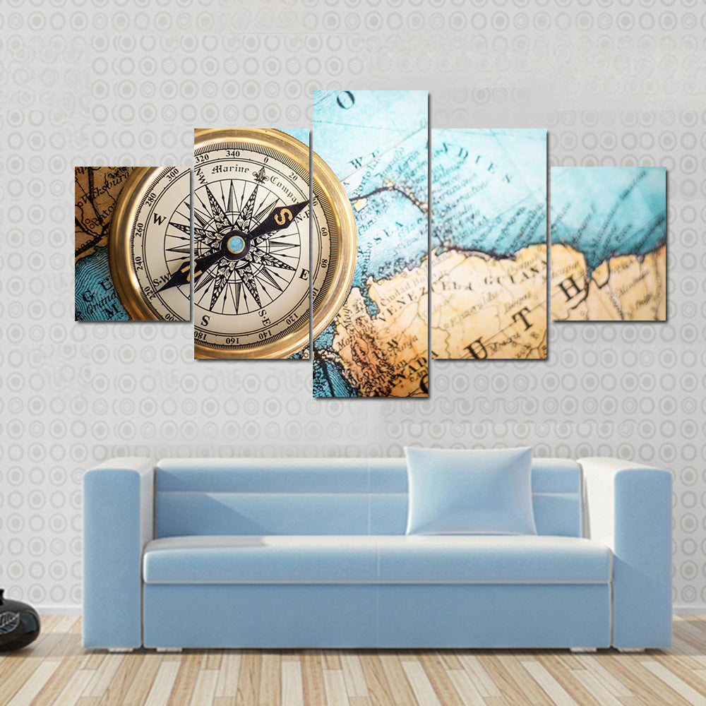 Brass Compass on Antique World Map Canvas Wall Art