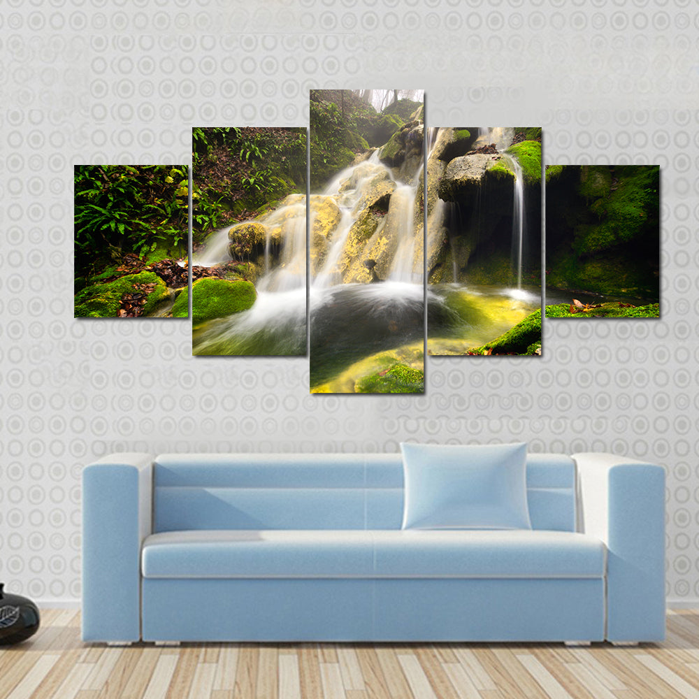 Forest Waterfall with Moss-covered Rocks Canvas Wall Art