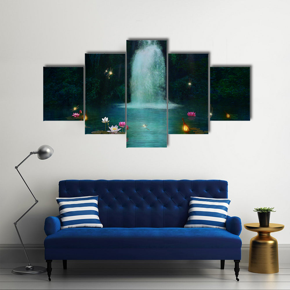 Waterfall with Lotus and Lanterns Canvas Wall Art