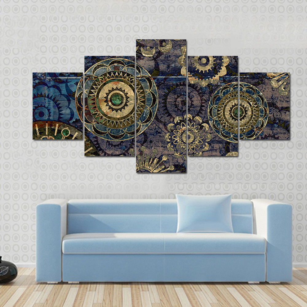 Vintage Floral Mandala Abstract in Navy and Gold Canvas Wall Art