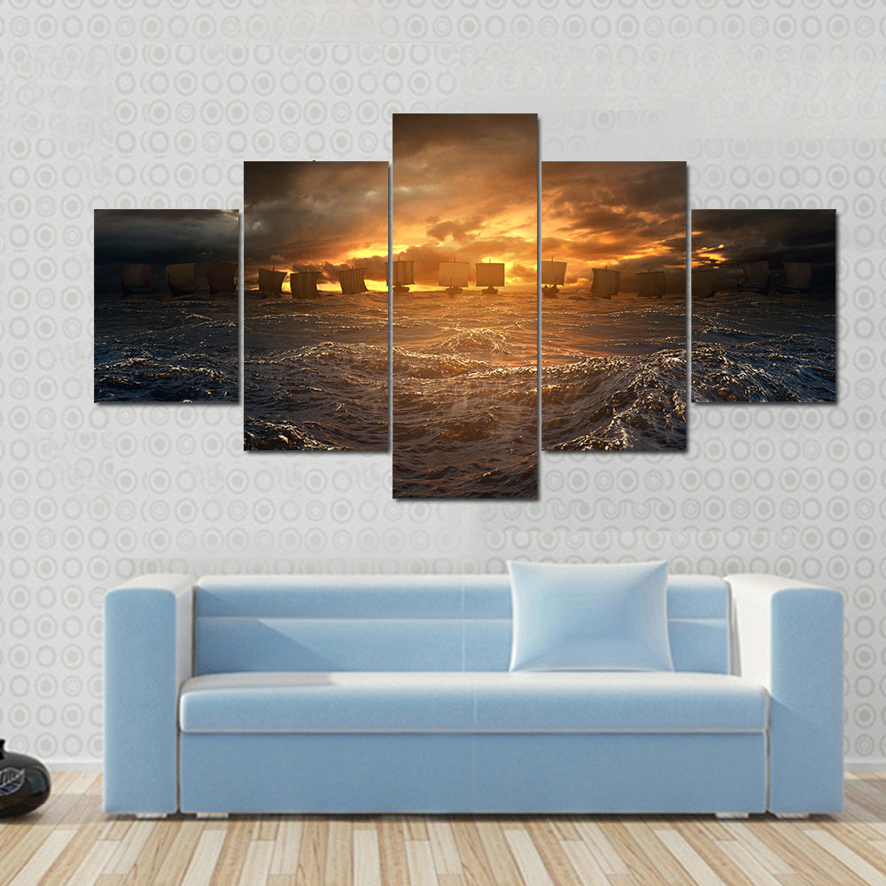 Viking Longships at Stormy Sunset Canvas Wall Art