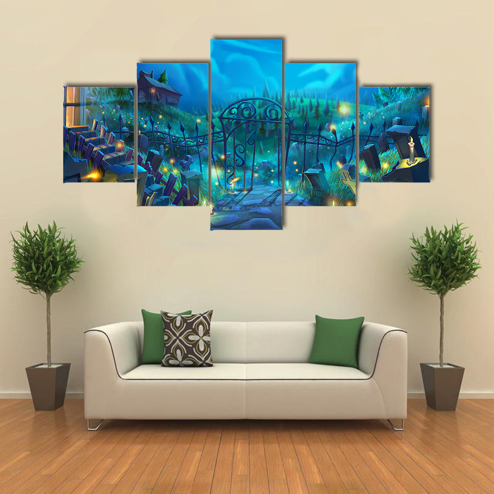 Moonlit Graveyard with Iron Gate Canvas Wall Art