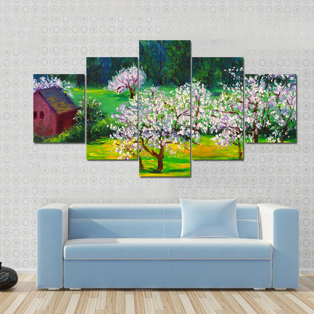 Plum Blossom Orchard with Red Barn Canvas Wall Art