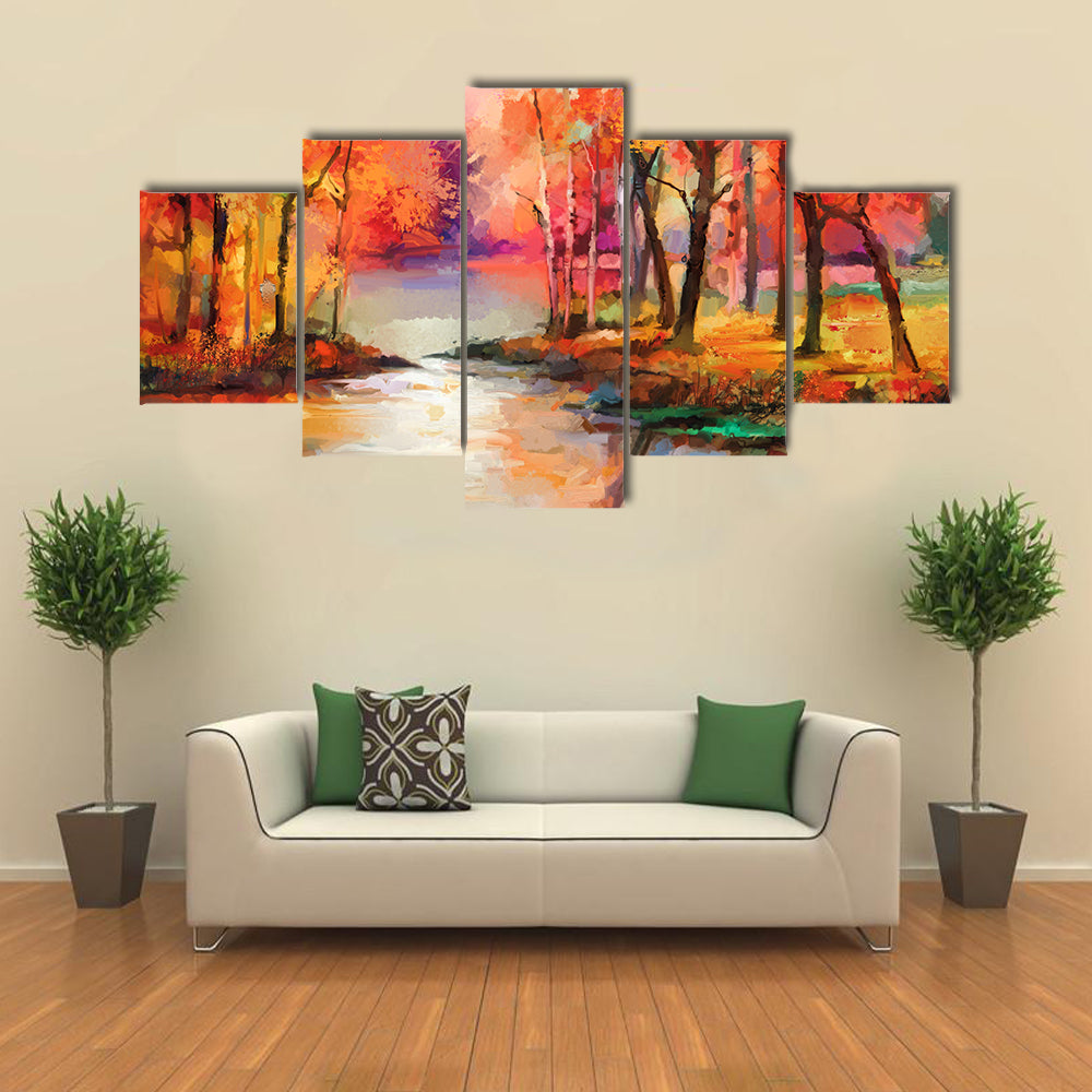 Autumn Forest with River Canvas Wall Art