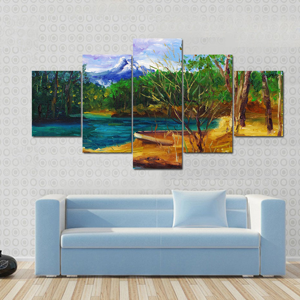 Autumn Lake with Rowboat and Mountain Reflection Canvas Wall Art
