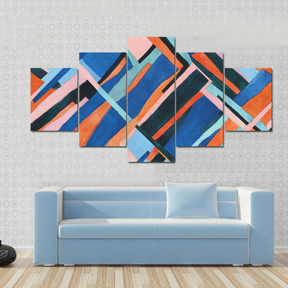 Abstract Geometric Collage in Blue and Orange Canvas Wall Art