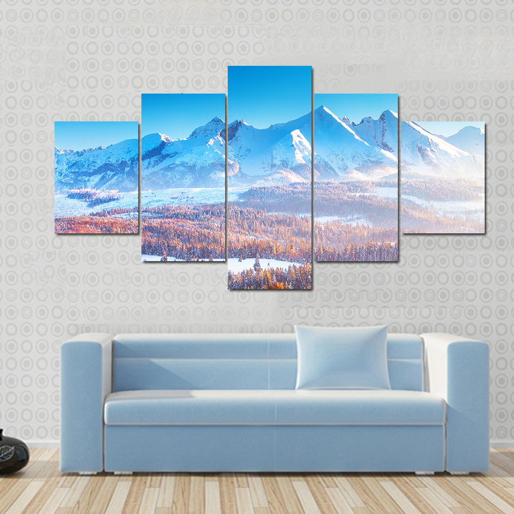 Snowy Mountain Peaks In Frosty Morning Canvas Wall Art
