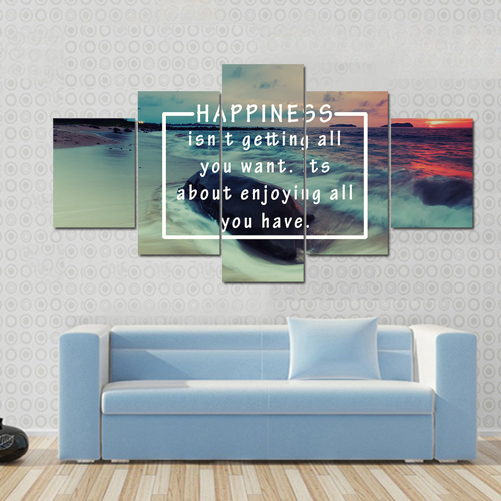Happiness Quote Over Sunset Beach Canvas Wall Art