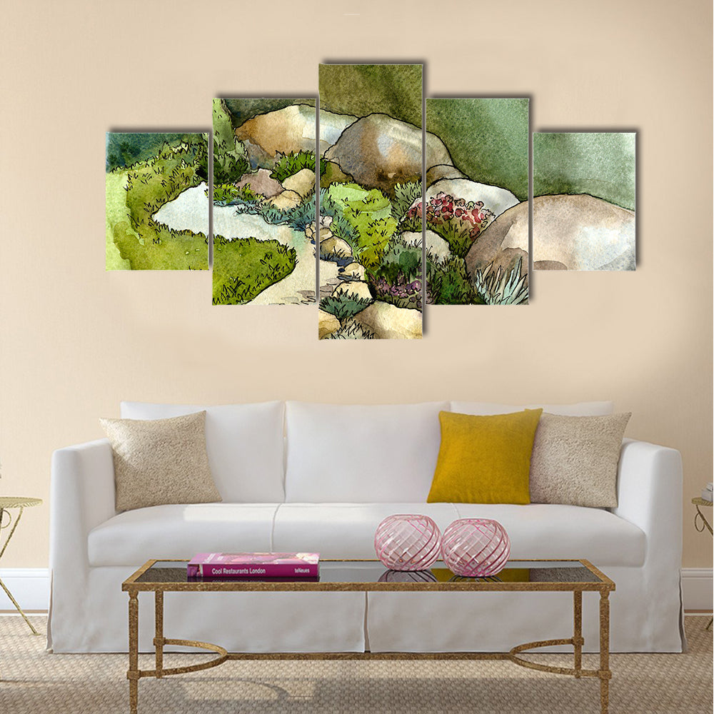 Watercolor Creek in Rock Garden Canvas Wall Art