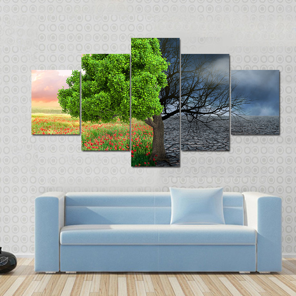 Split Tree with Poppies and Cracked Earth Canvas Wall Art