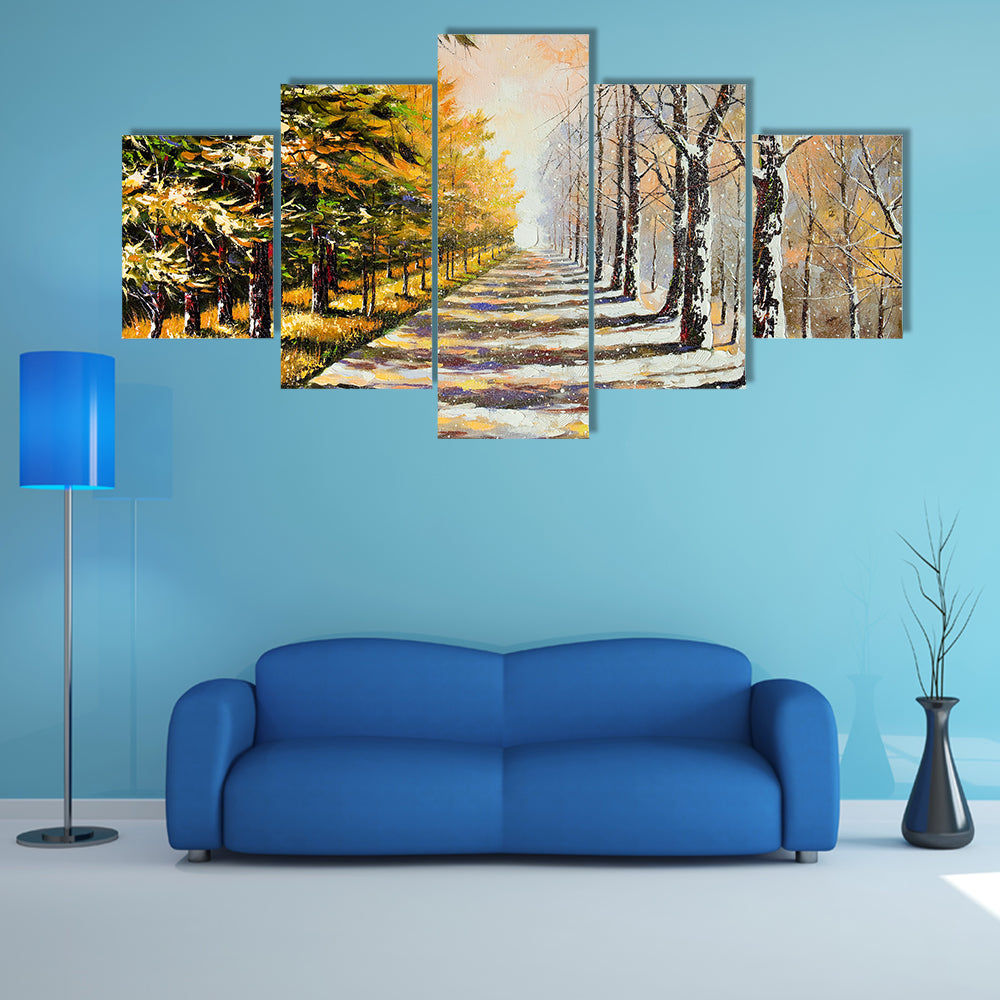 Autumn Walkway with Snow Canvas Wall Art