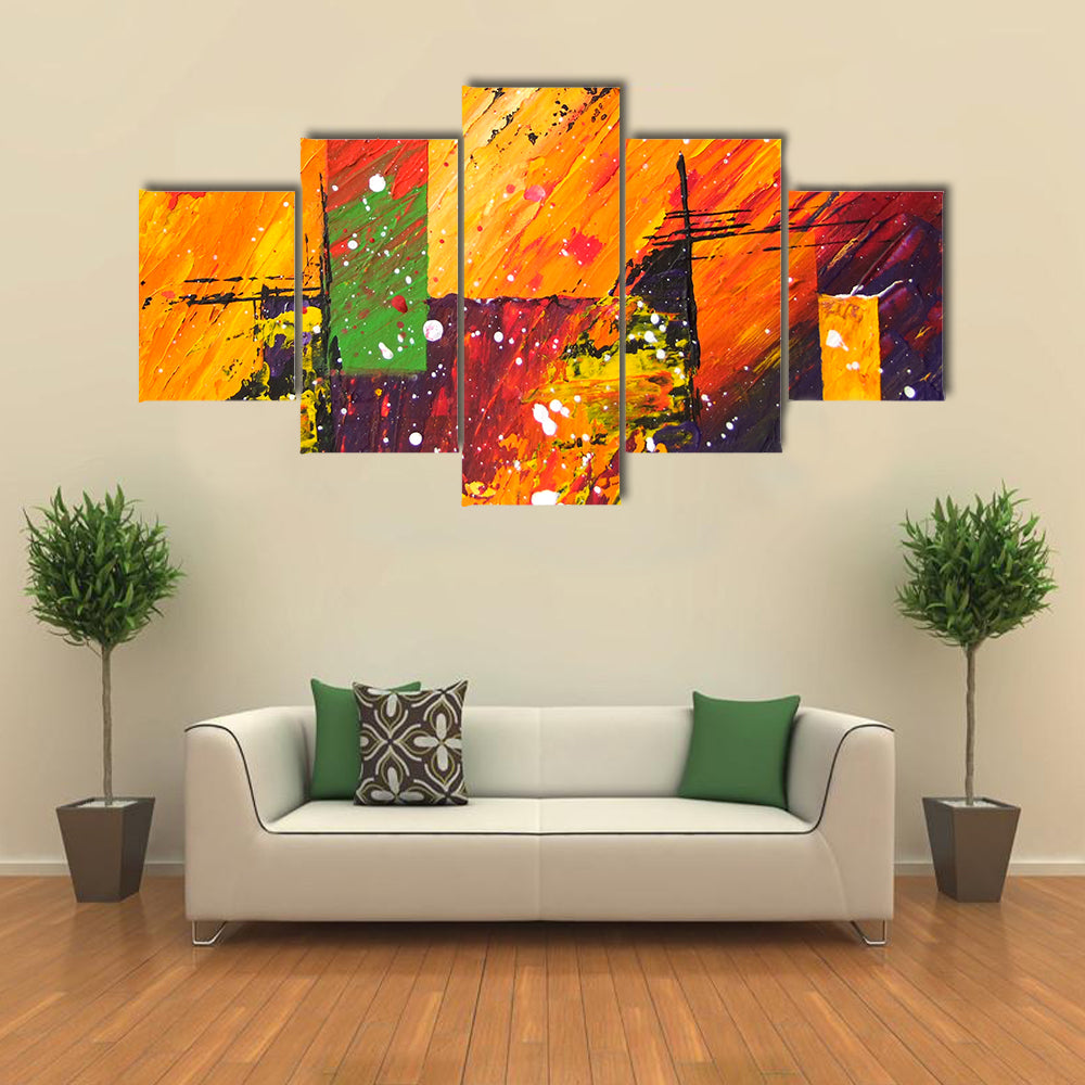 Energetic Orange Abstract with Green Block Canvas Wall Art