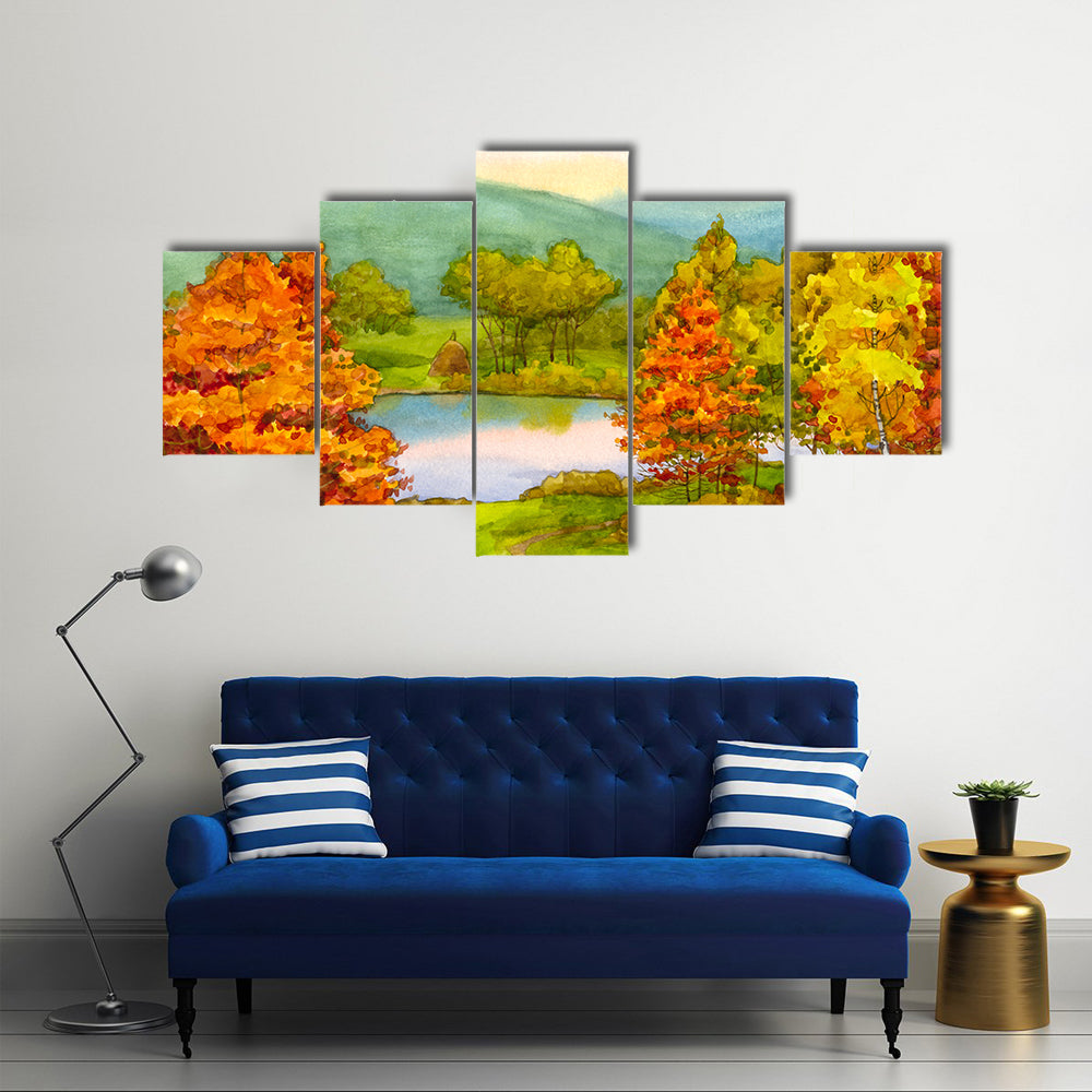 Watercolor Autumn Landscape with Winding Path Canvas Wall Art