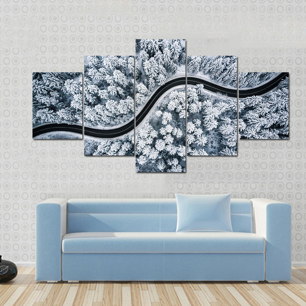 Curvy Windy Road In Snow Covered Forest Canvas Wall Art