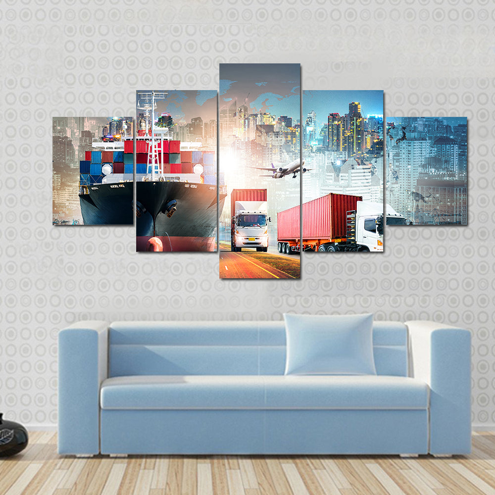 Global Logistics Collage with Cargo Ship and Containers Canvas Wall Art