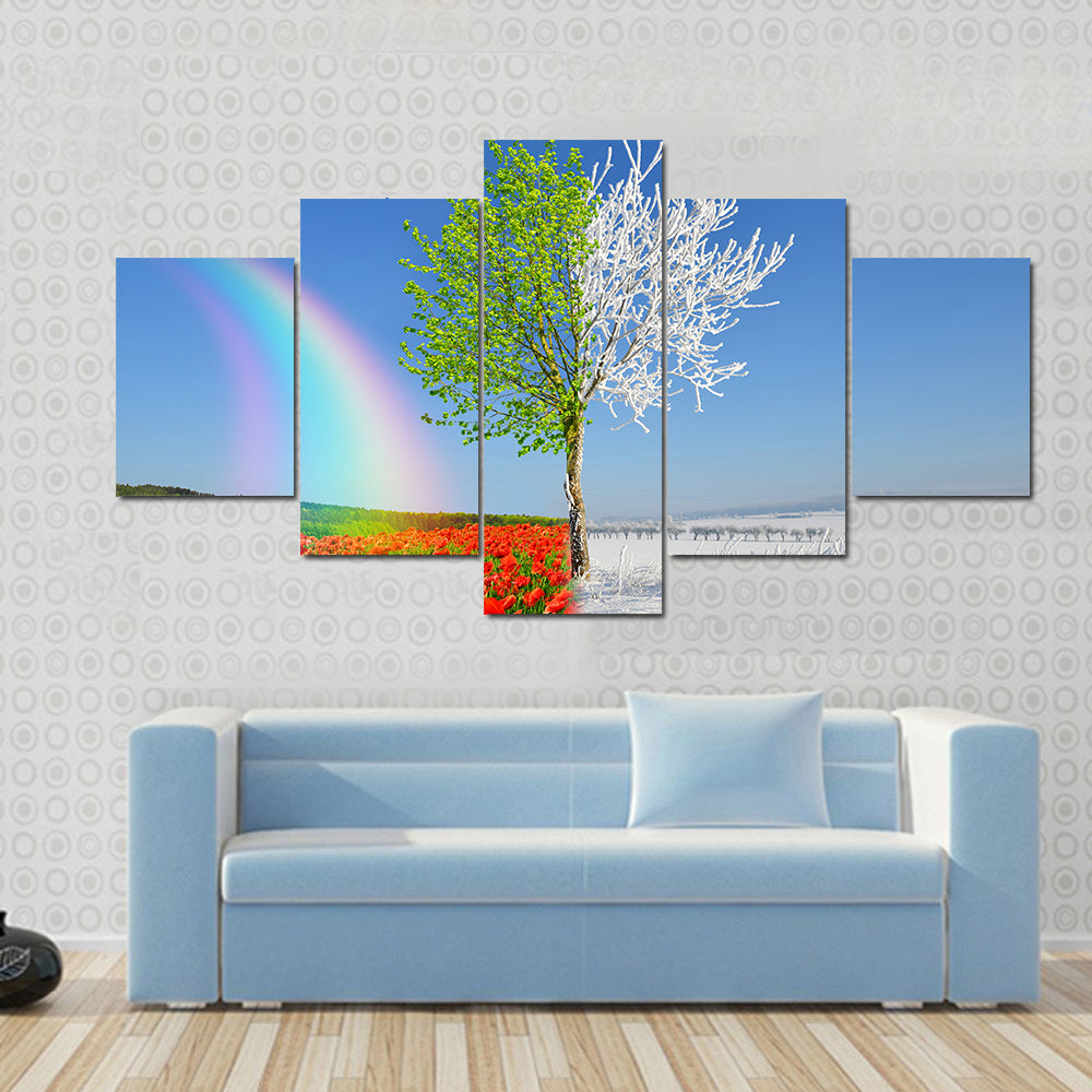 Split-season Tree with Poppies and Snow Canvas Wall Art