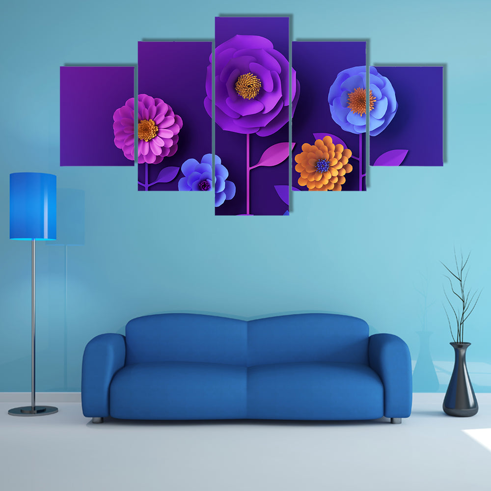 3D Colorful Neon Paper Flowers Canvas Wall Art