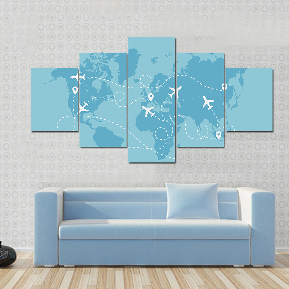 Airplane Travel Route On World Map Canvas Wall Art
