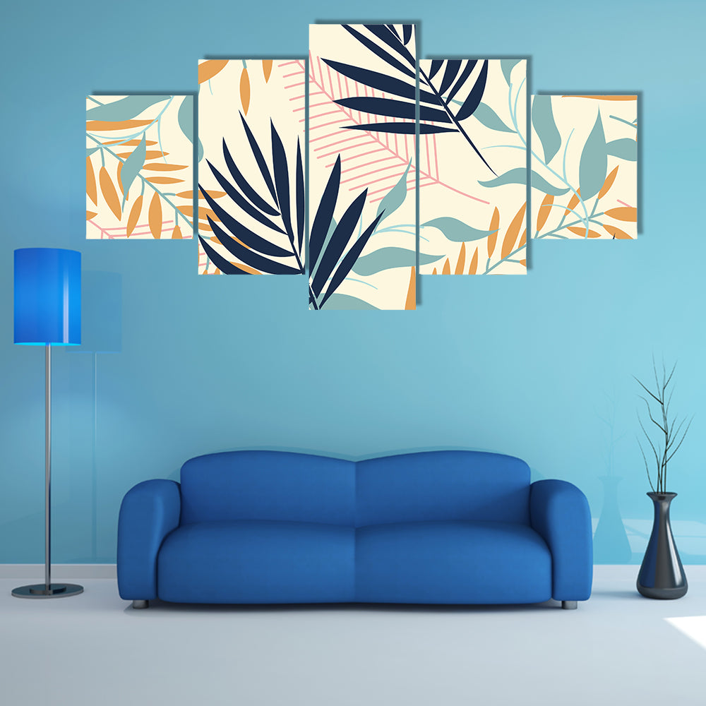 Tropical Leaves Pattern in Navy and Mustard Canvas Wall Art