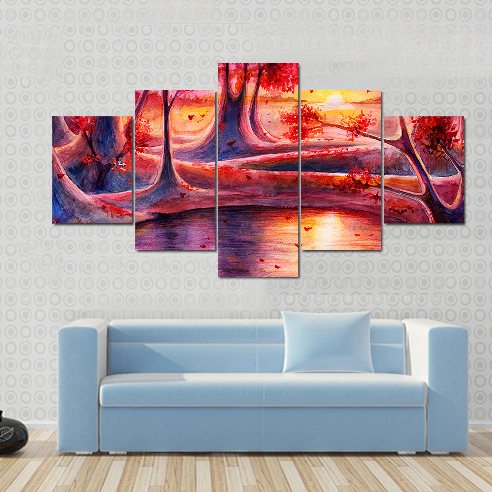 Autumn Lake Forest Watercolor Canvas Wall Art