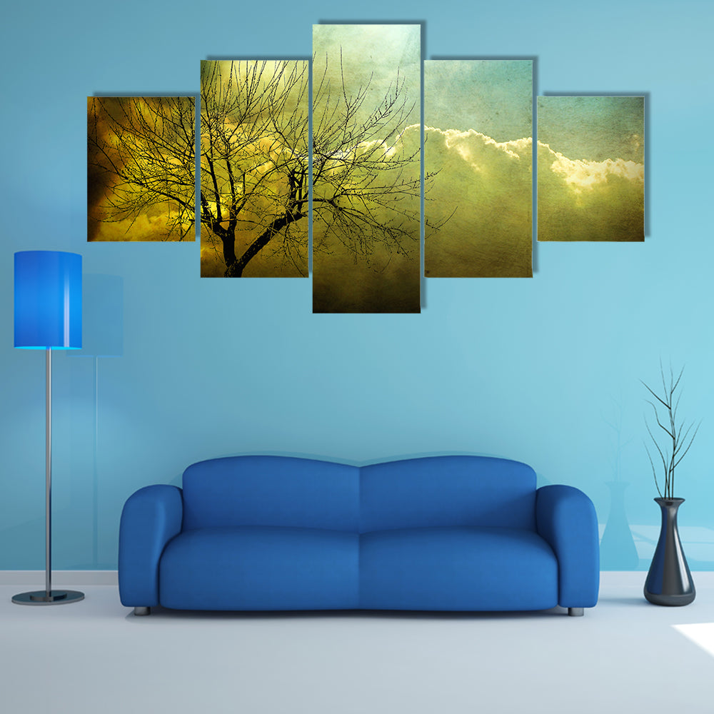 Grunge Leafless Tree with Backlit Clouds Canvas Wall Art