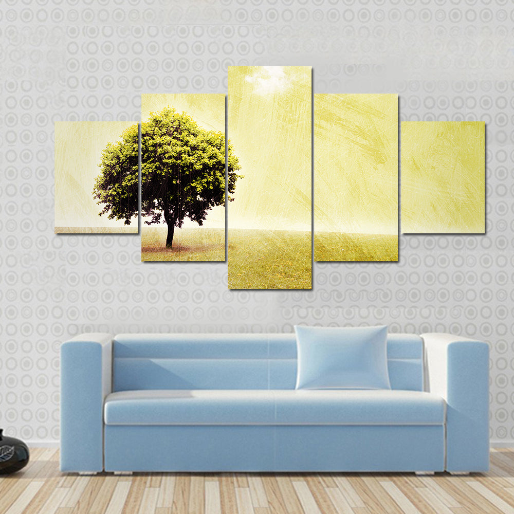 Lone Tree in Yellow Meadow Canvas Wall Art
