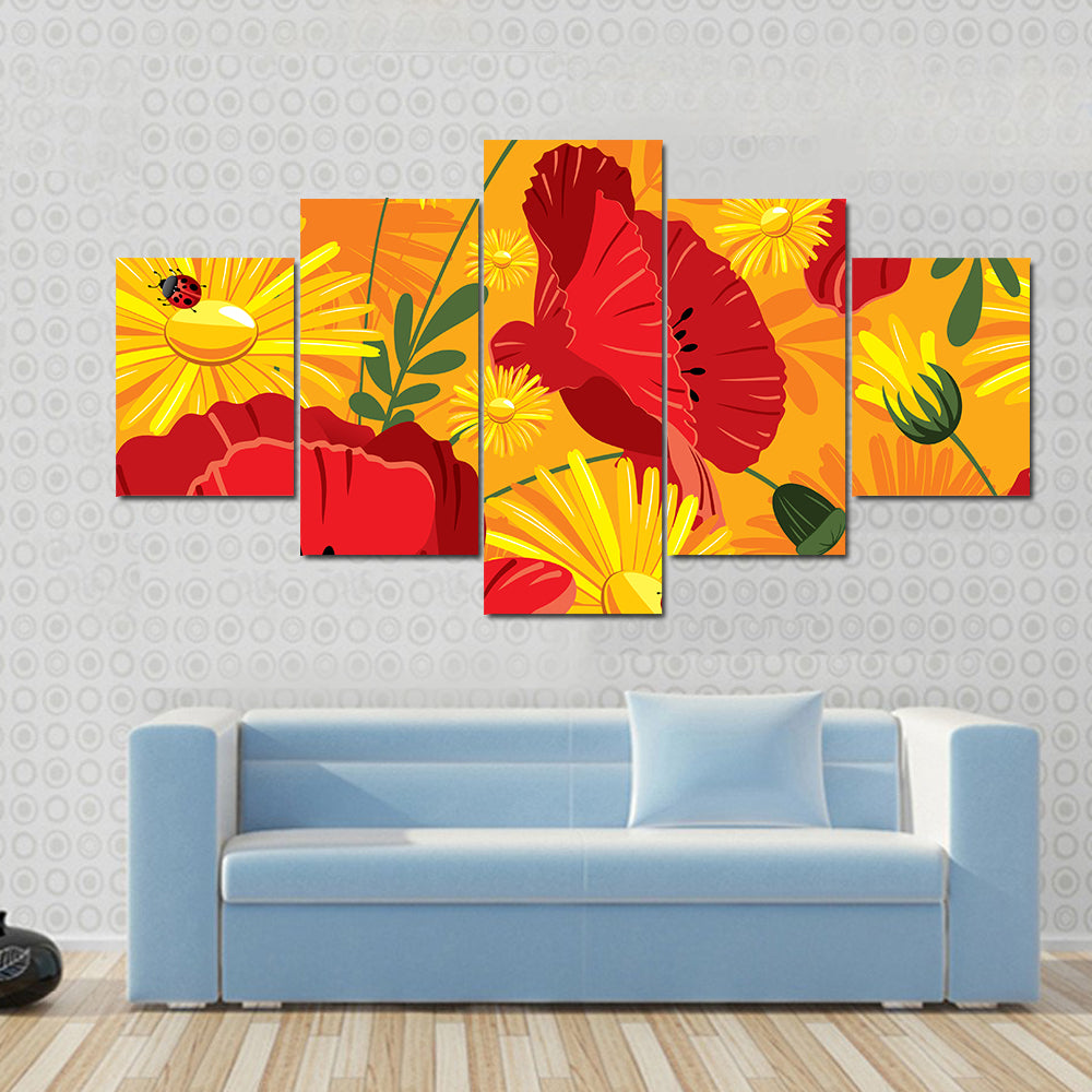 Poppies and Daisies with Ladybugs Canvas Wall Art