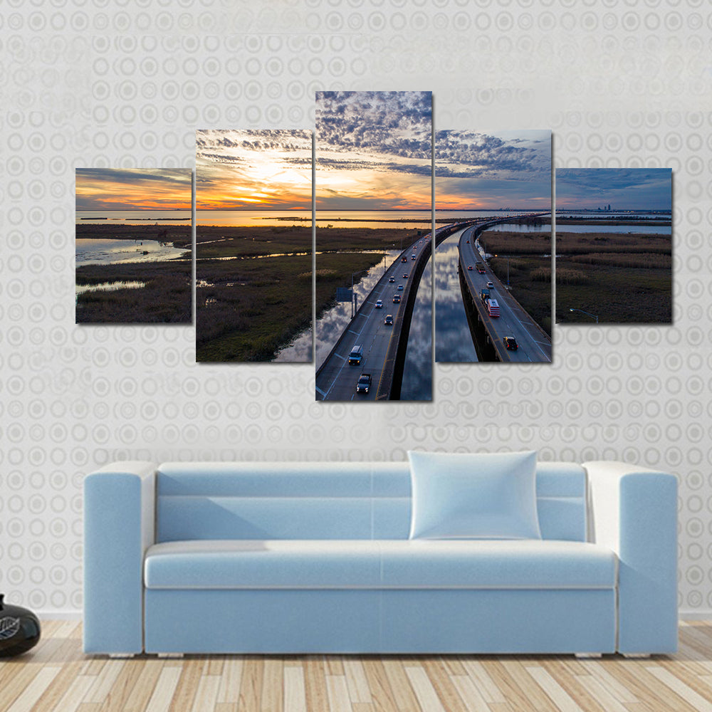 Sunset Over Highway Bridge Canvas Wall Art