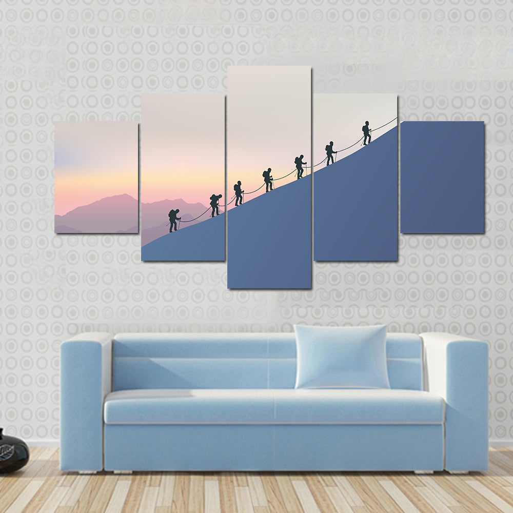 Roped Mountaineers on Slanted Blue Slope Canvas Wall Art