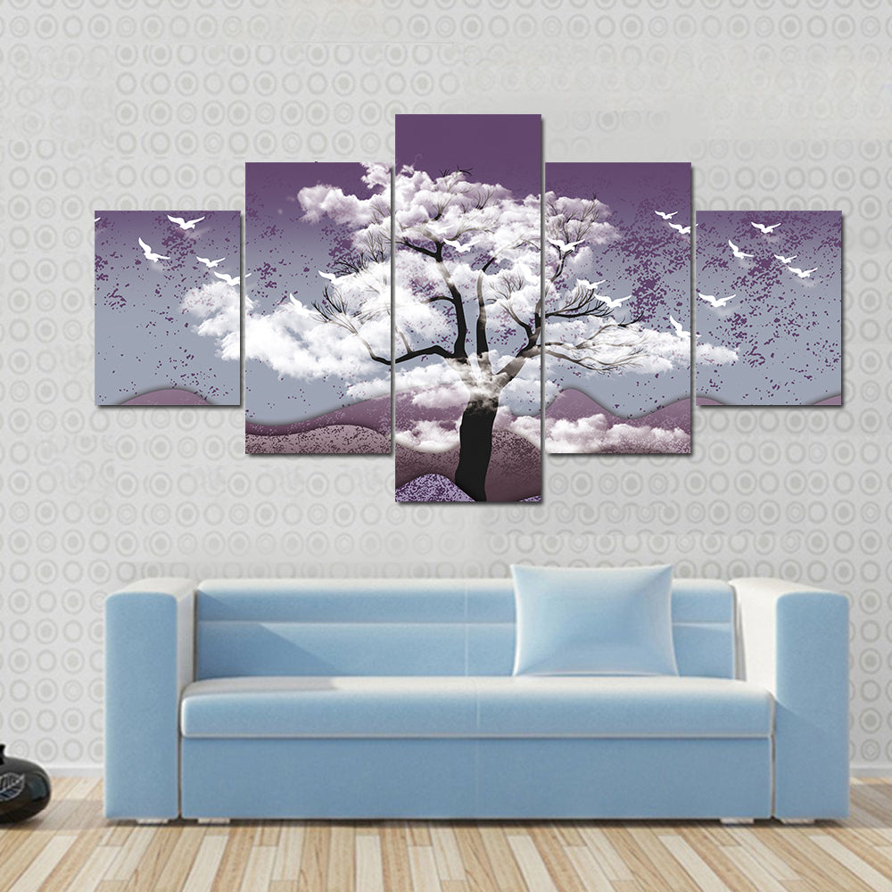 Cloud-leaf Tree Over Misty Lavender Hills Canvas Wall Art