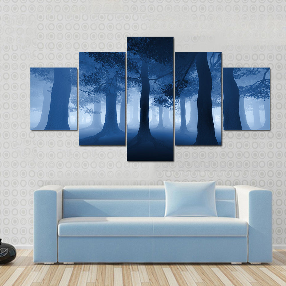 Dark Blue Forest With A Ray Of Light Canvas Wall Art