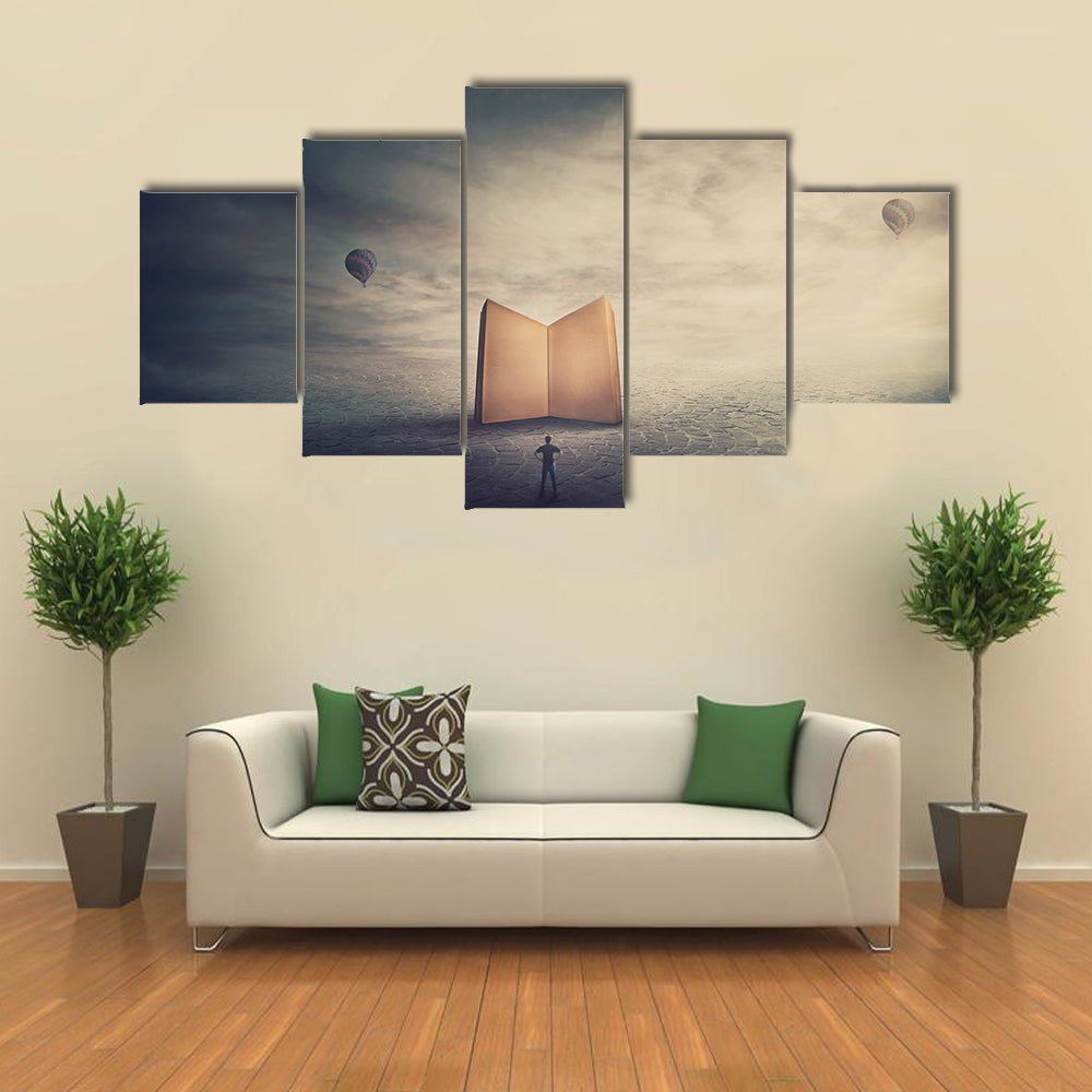 Monolithic Glowing Book Over Parched Desert Canvas Wall Art